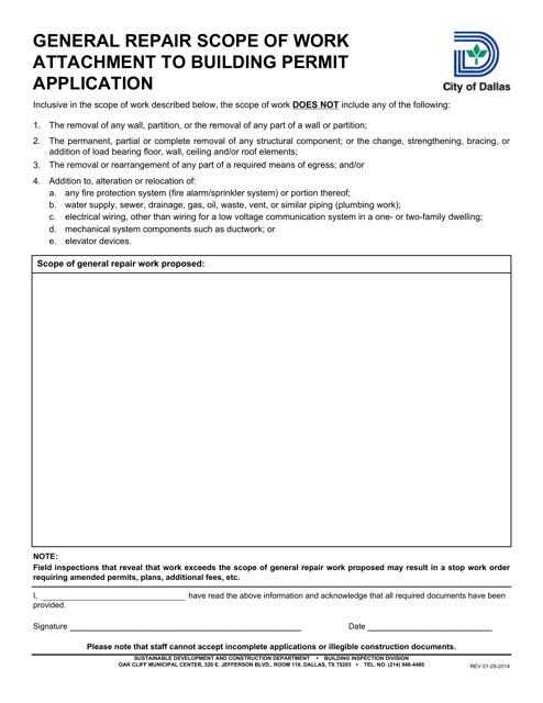 General Repair Scope of Work Attachment to Building Permit Application - City of Dallas, Texas Download Pdf