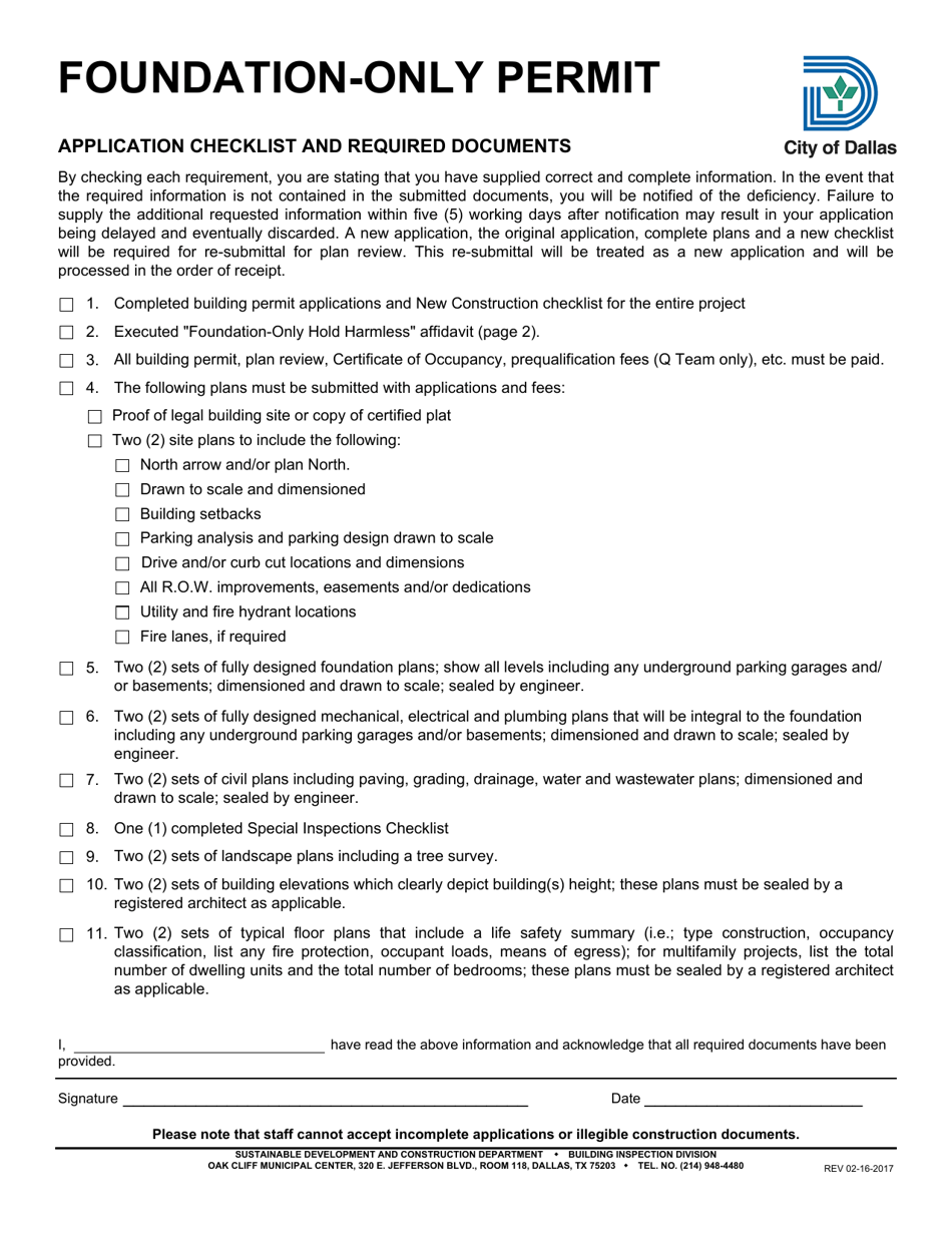 Foundation-Only Permit Application Checklist - City of Dallas, Texas, Page 1
