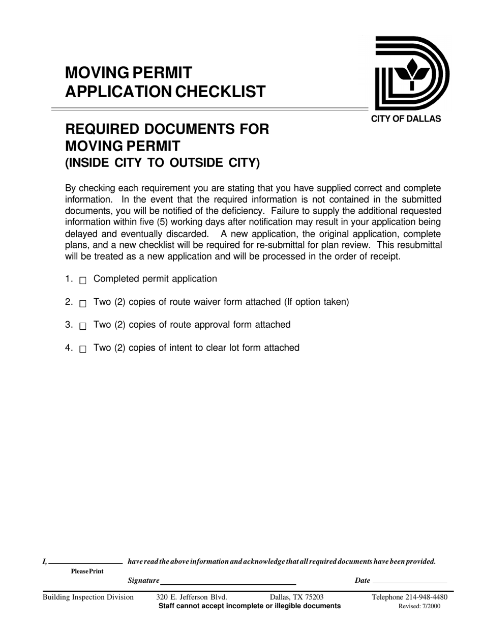 Moving Permit Application Checklist - Inside City to Outside City - City of Dallas, Texas, Page 1
