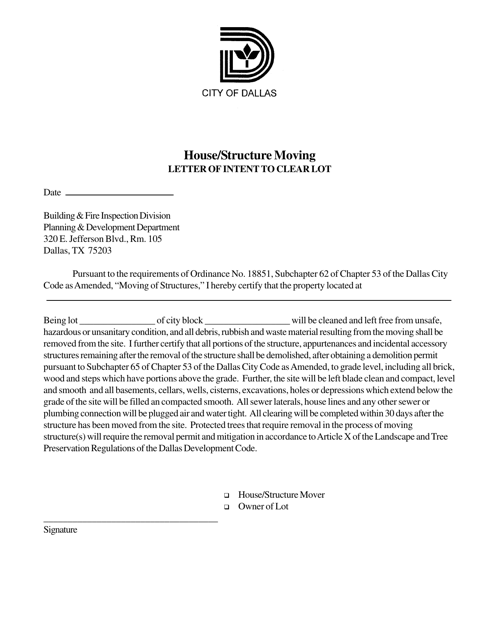 Moving Permit - Letter of Intent to Clear Lot - City of Dallas, Texas Download Pdf