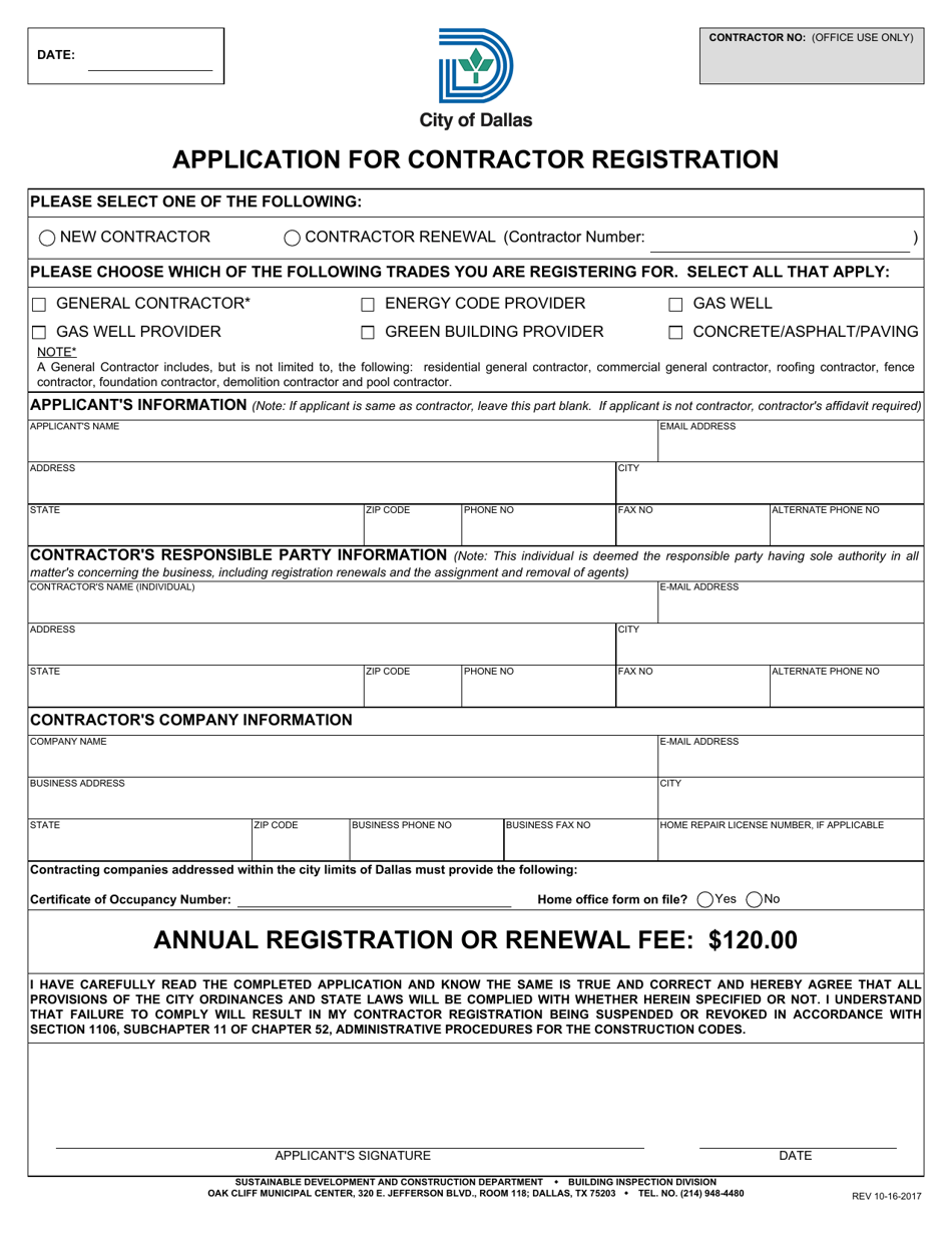 Application for Contractor Registration - City of Dallas, Texas, Page 1