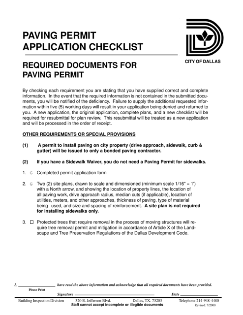 Paving Permit Application Checklist - City of Dallas, Texas Download Pdf