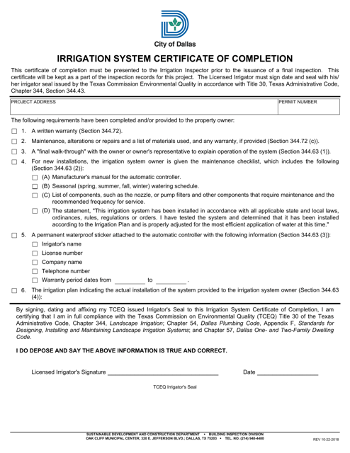 Irrigation System Certificate of Completion - City of Dallas, Texas Download Pdf