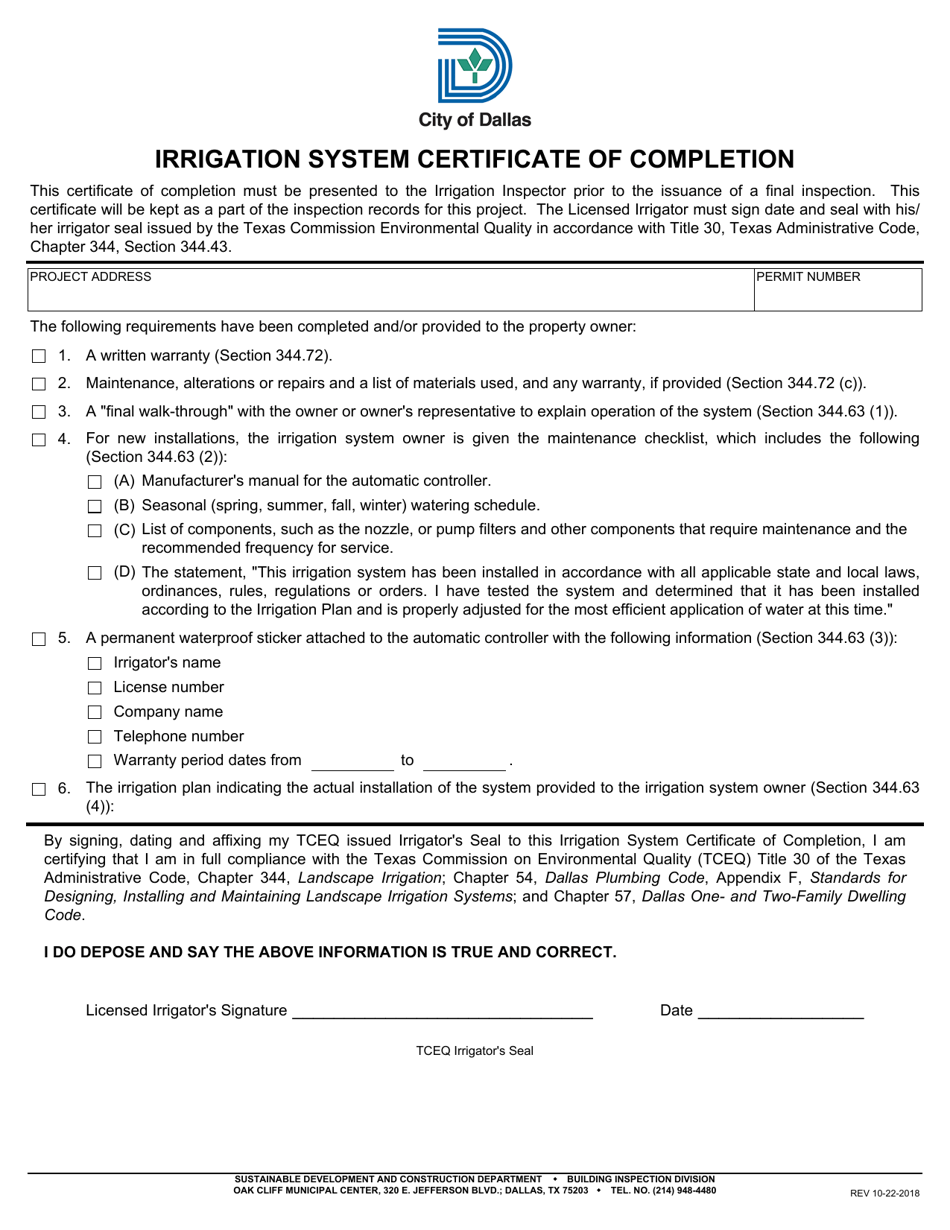 Irrigation System Certificate of Completion - City of Dallas, Texas, Page 1