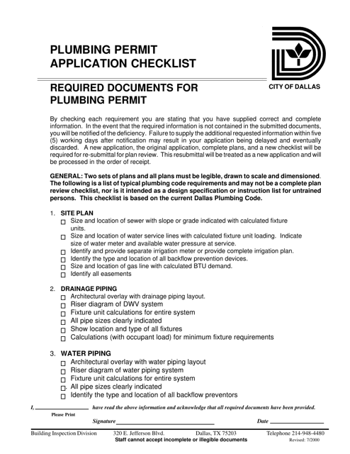 Plumbing Permit Application Checklist - City of Dallas, Texas Download Pdf