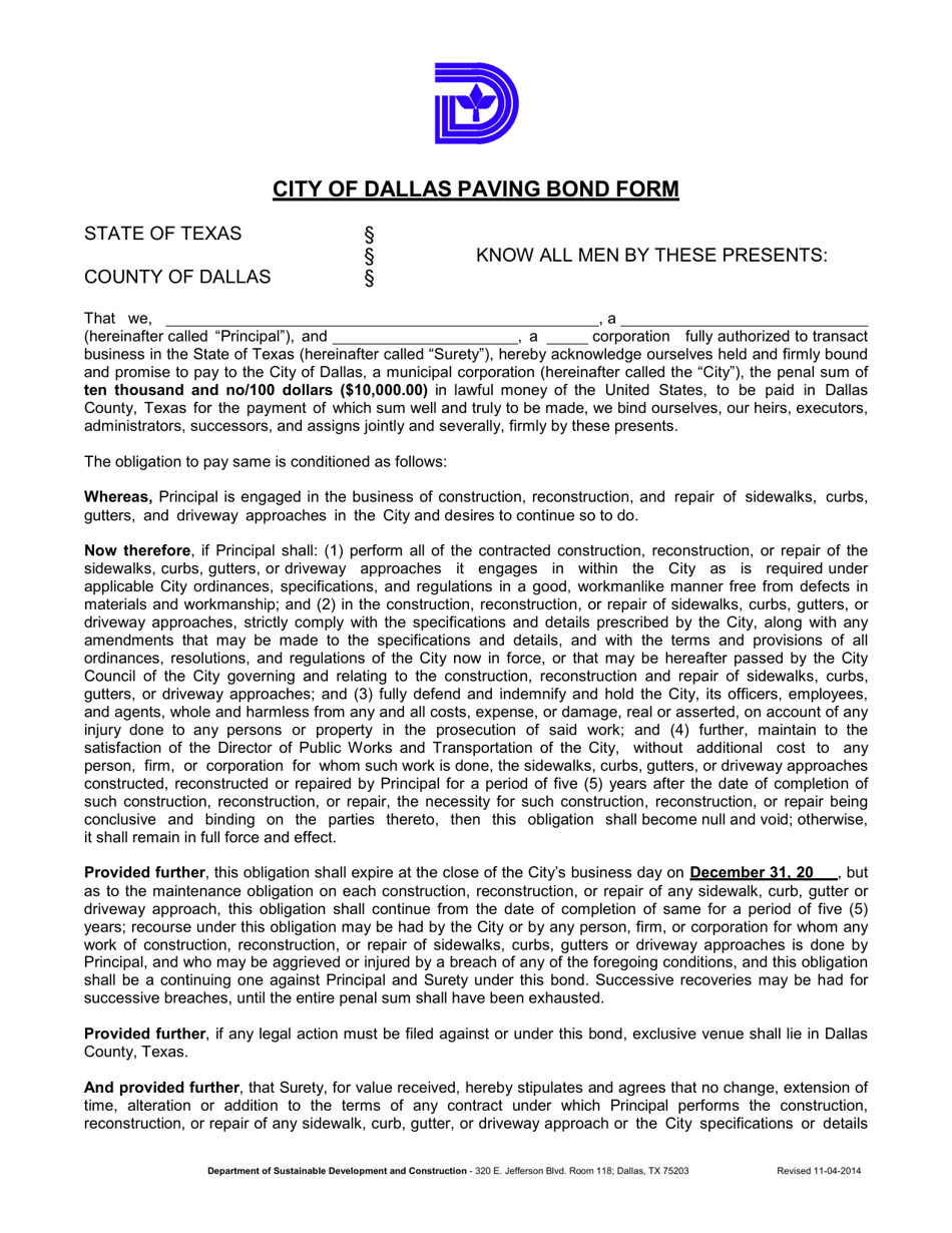 City of Dallas, Texas Paving Bond Form - Fill Out, Sign Online and ...