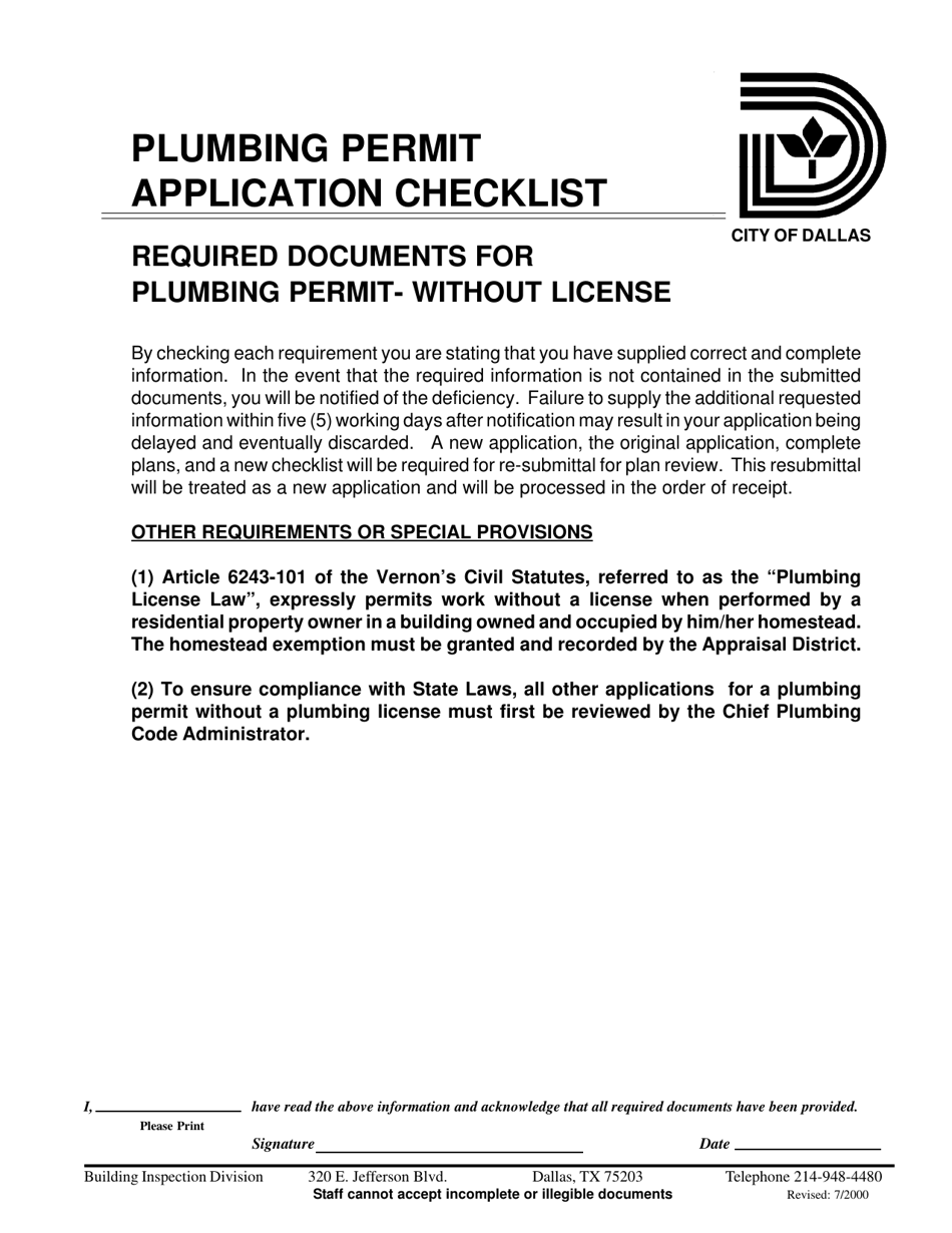 Plumbing Permit Application Checklist - Without License - City of Dallas, Texas, Page 1