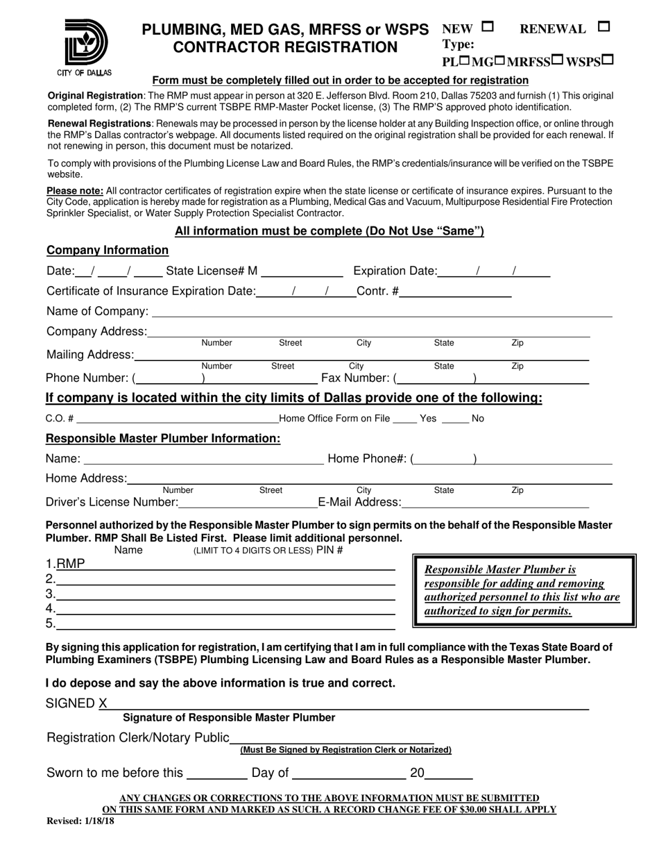 Plumbing, Medical Gas, Mrfss or Wsps Contractor Registration - City of Dallas, Texas, Page 1