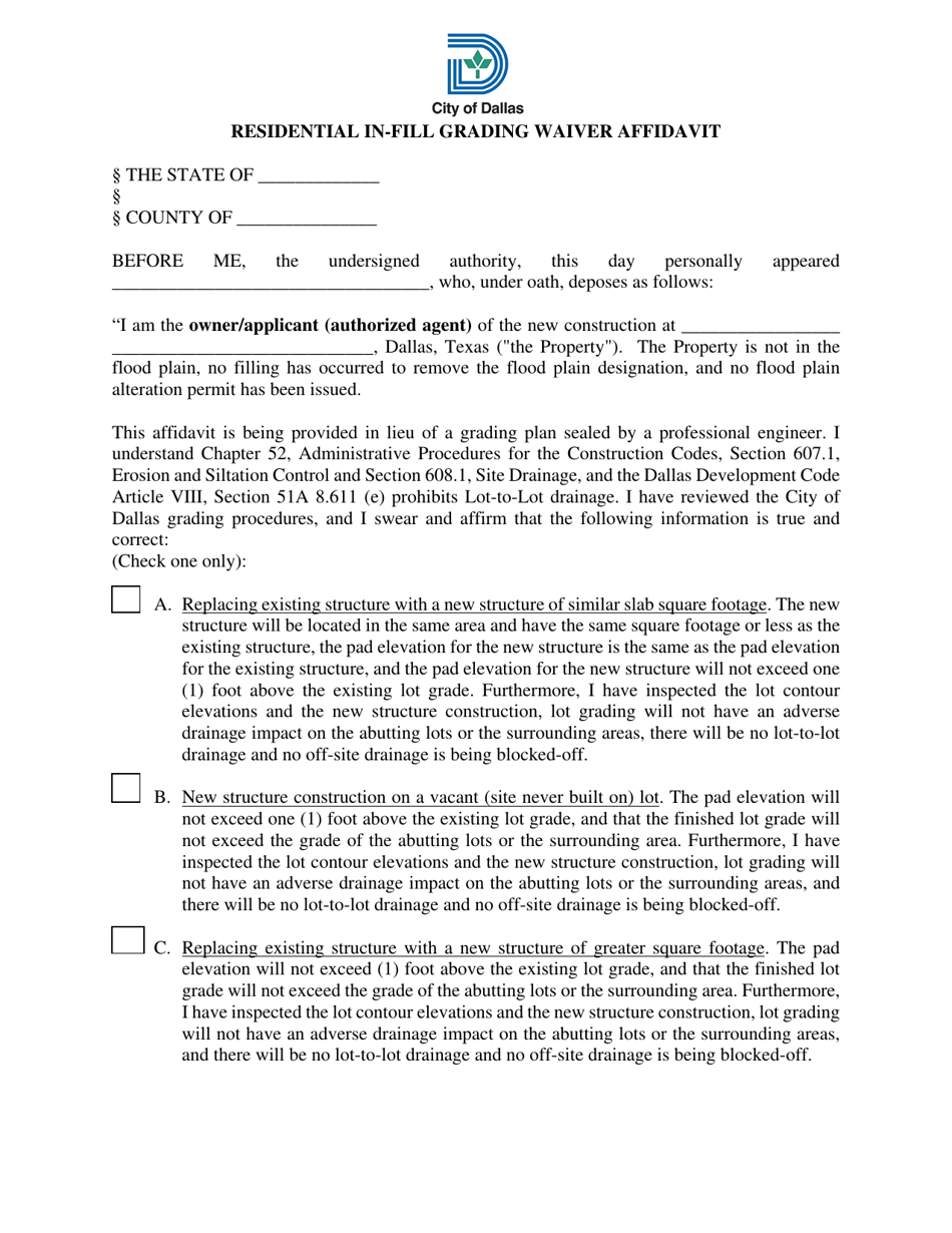 Residential in-Fill Grading Waiver Affidavit - City of Dallas, Texas, Page 1