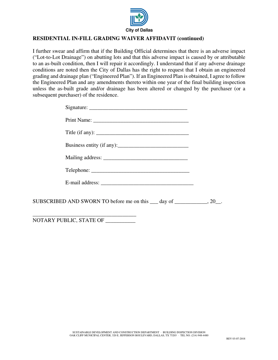 City Of Dallas Texas Residential In Fill Grading Waiver Affidavit