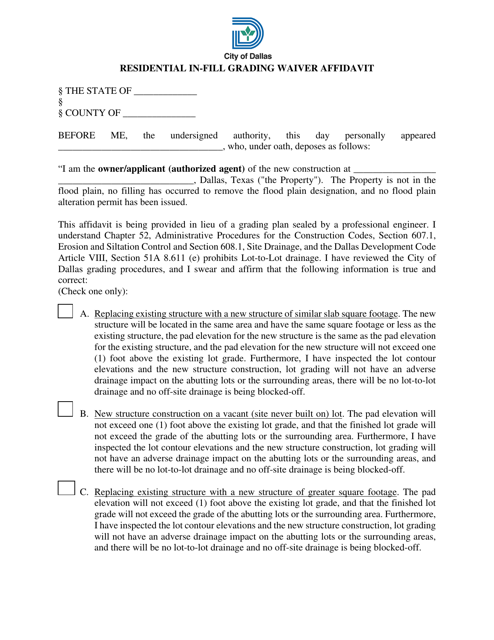 Residential in-Fill Grading Waiver Affidavit - City of Dallas, Texas Download Pdf