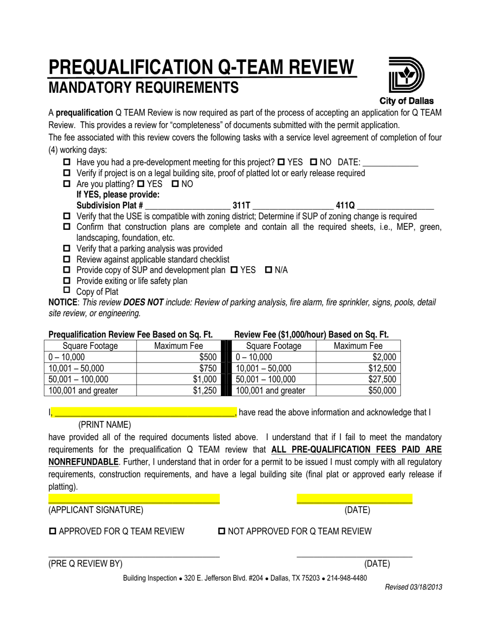 Prequalification Q-Team Review Checklist - City of Dallas, Texas, Page 1