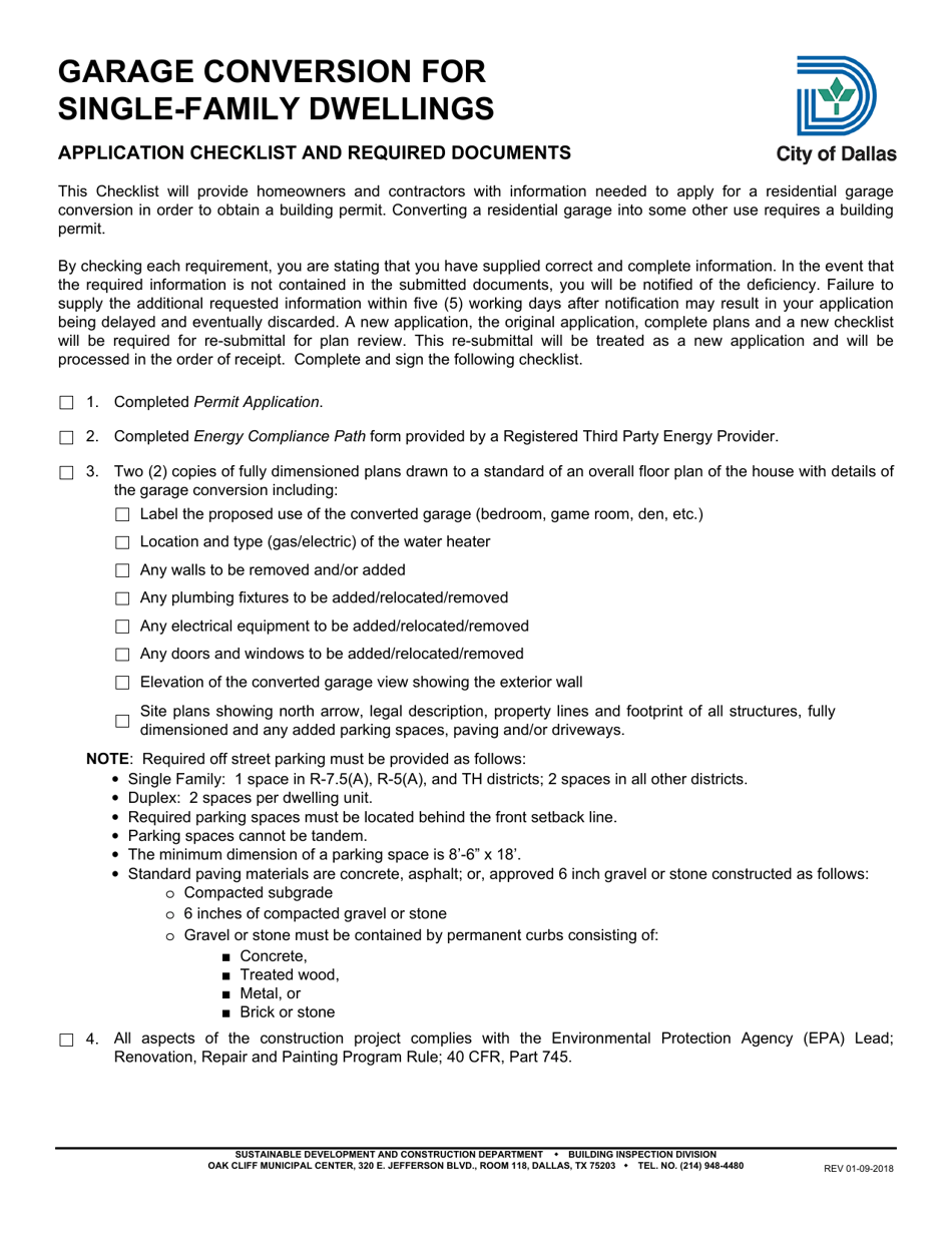 Garage Conversion for Single-Family Dwellings Application Checklist - City of Dallas, Texas, Page 1