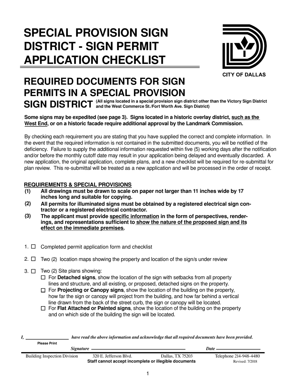 Special Provision Sign District - Sign Permit Application Checklist - City of Dallas, Texas, Page 1