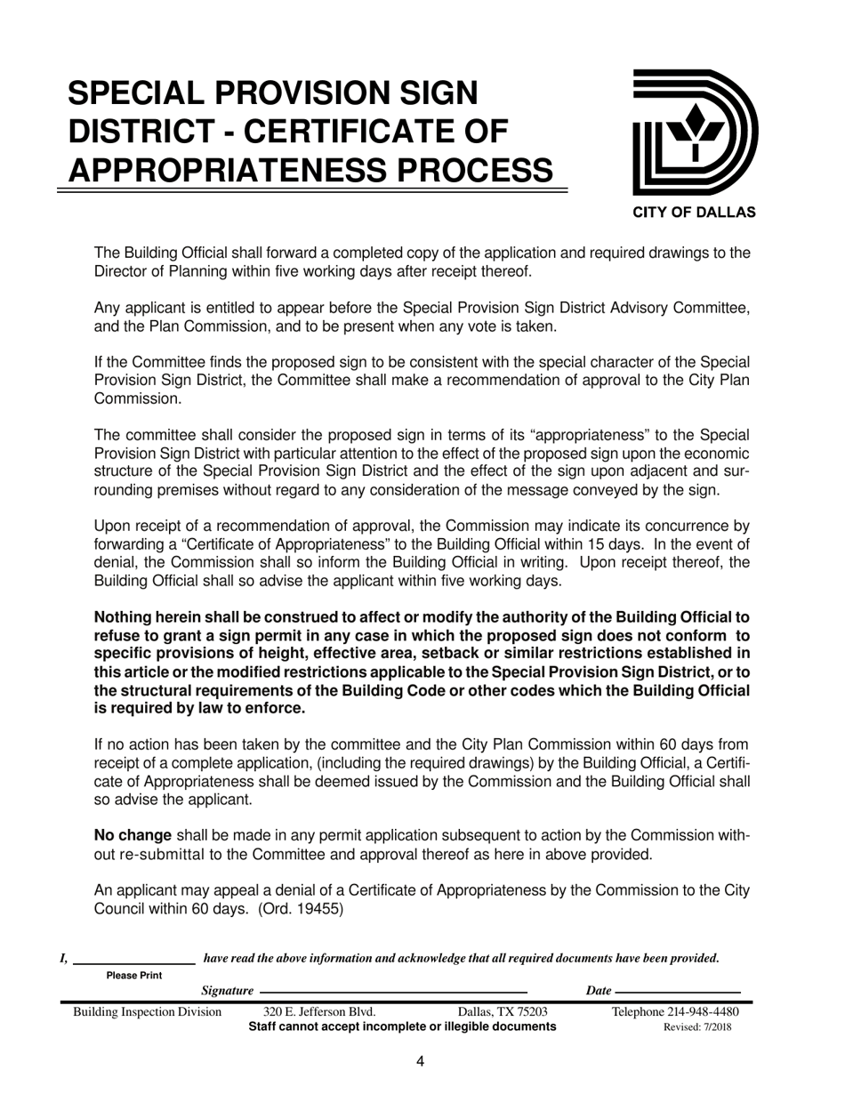 Special Provision Sign District - Sign Permit Application Checklist - City of Dallas, Texas, Page 4