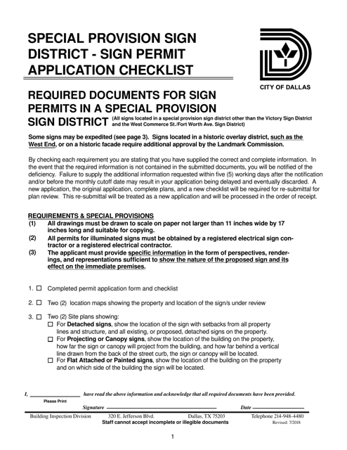 Special Provision Sign District - Sign Permit Application Checklist - City of Dallas, Texas Download Pdf