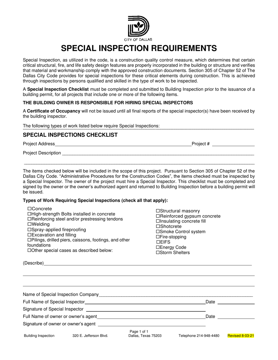 Special Inspection Requirements - City of Dallas, Texas, Page 1