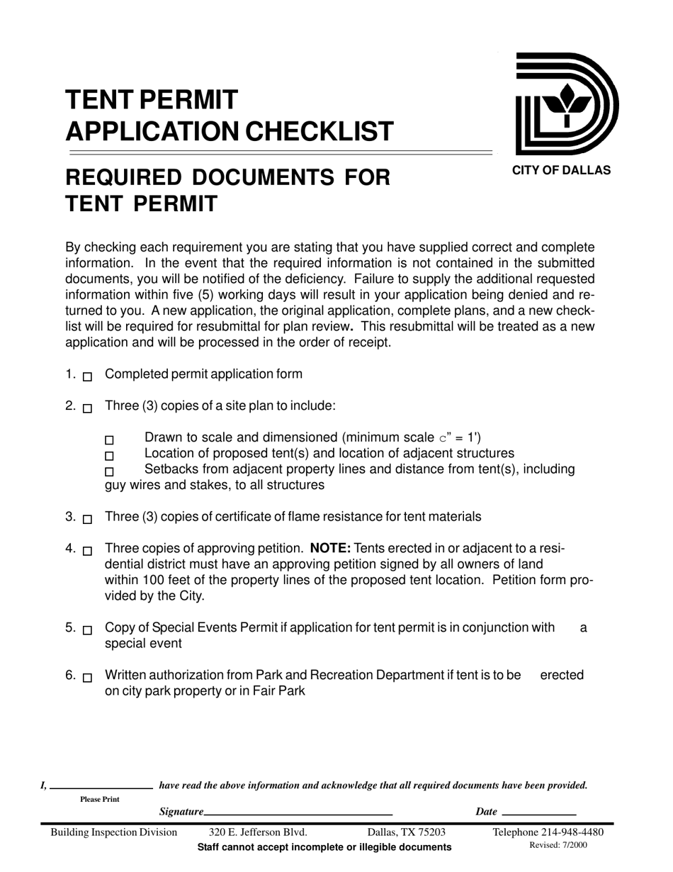 City of Dallas, Texas Tent Permit Application Checklist Download