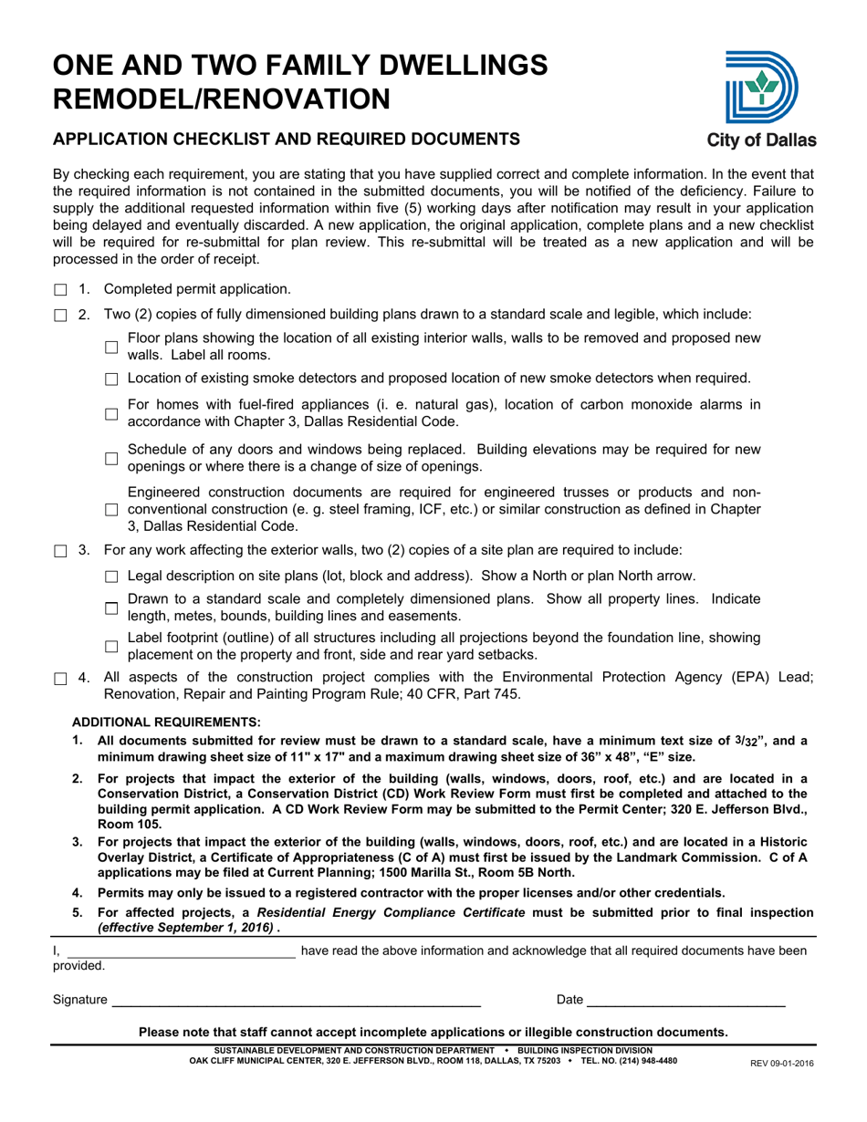 One and Two Family Dwellings Remodel / Renovation Application Checklist - City of Dallas, Texas, Page 1