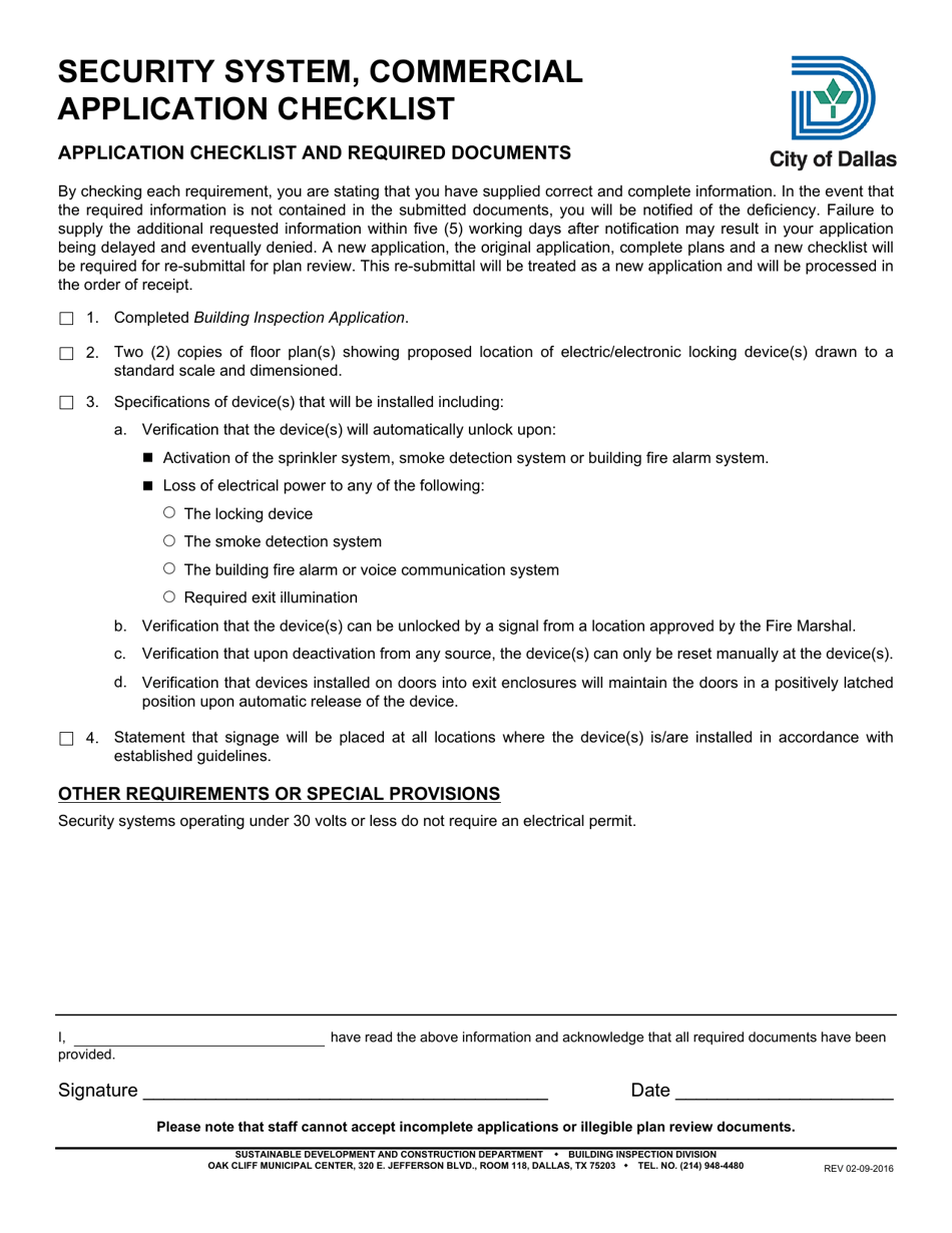 Security System, Commercial Application Checklist - City of Dallas, Texas, Page 1
