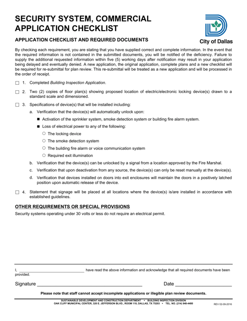 Security System, Commercial Application Checklist - City of Dallas, Texas Download Pdf