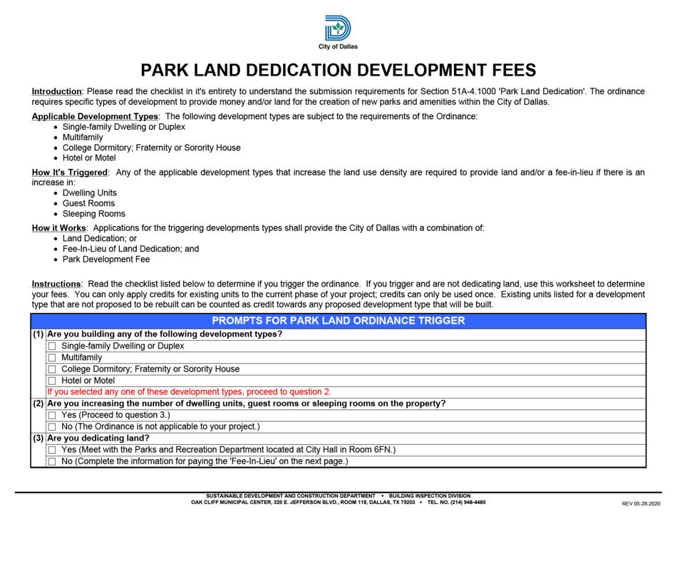 Park Land Dedication Development Fee-In-lieu Worksheet - City of Dallas, Texas, Page 1