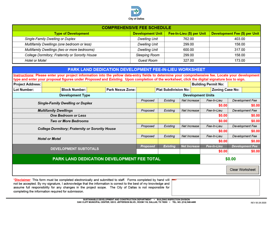 Park Land Dedication Development Fee-In-lieu Worksheet - City of Dallas, Texas, Page 2