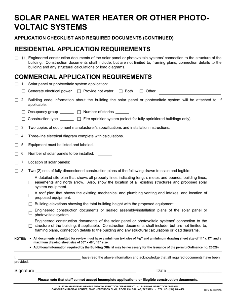 City Of Dallas Texas Solar And Photovoltaic Hot Water System Checklist Fill Out Sign Online 7734