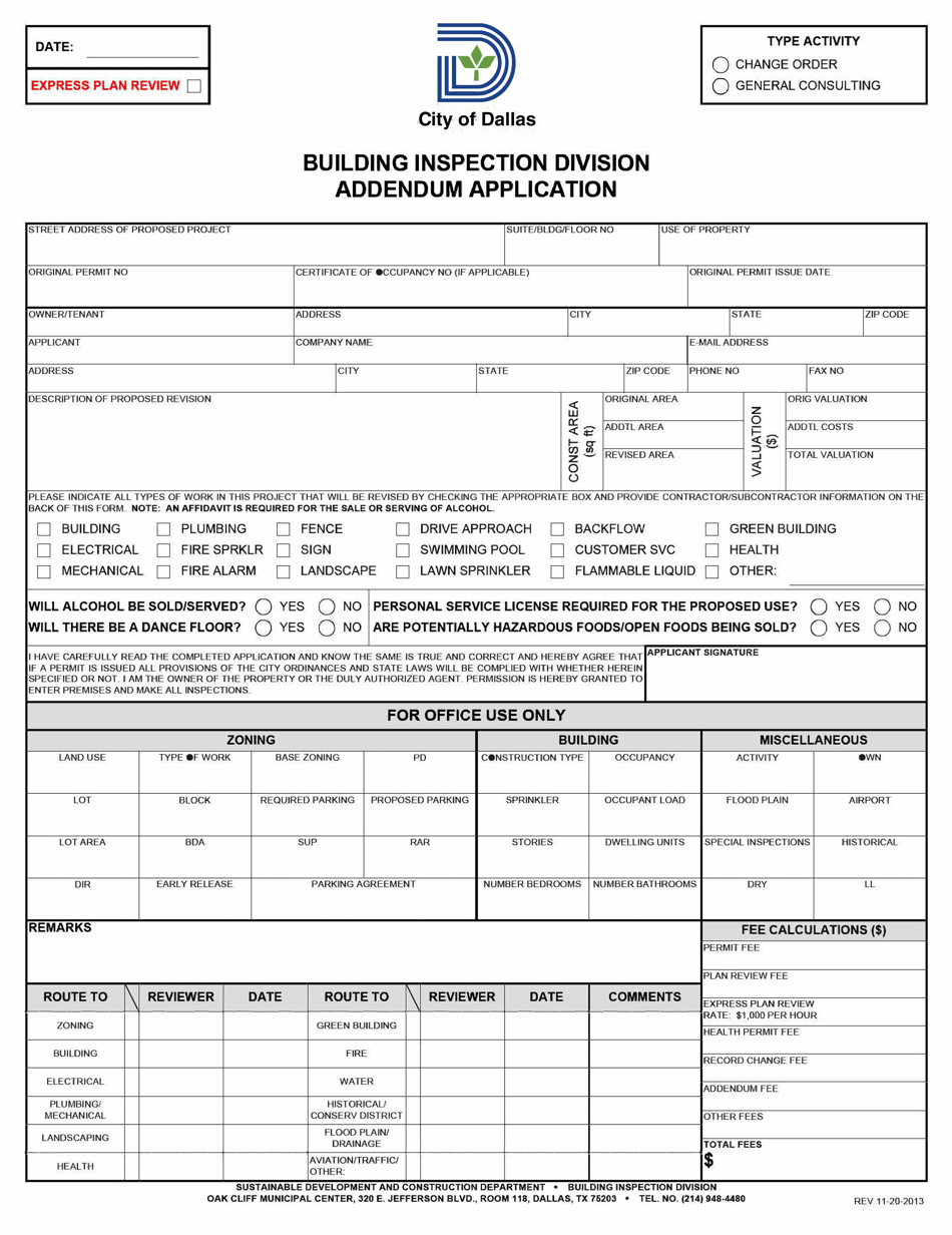 City of Dallas, Texas Permit Addendum Application Fill Out, Sign