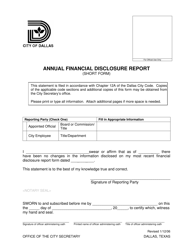Document preview: Annual Financial Disclosure Report (Short Form) - City of Dallas, Texas