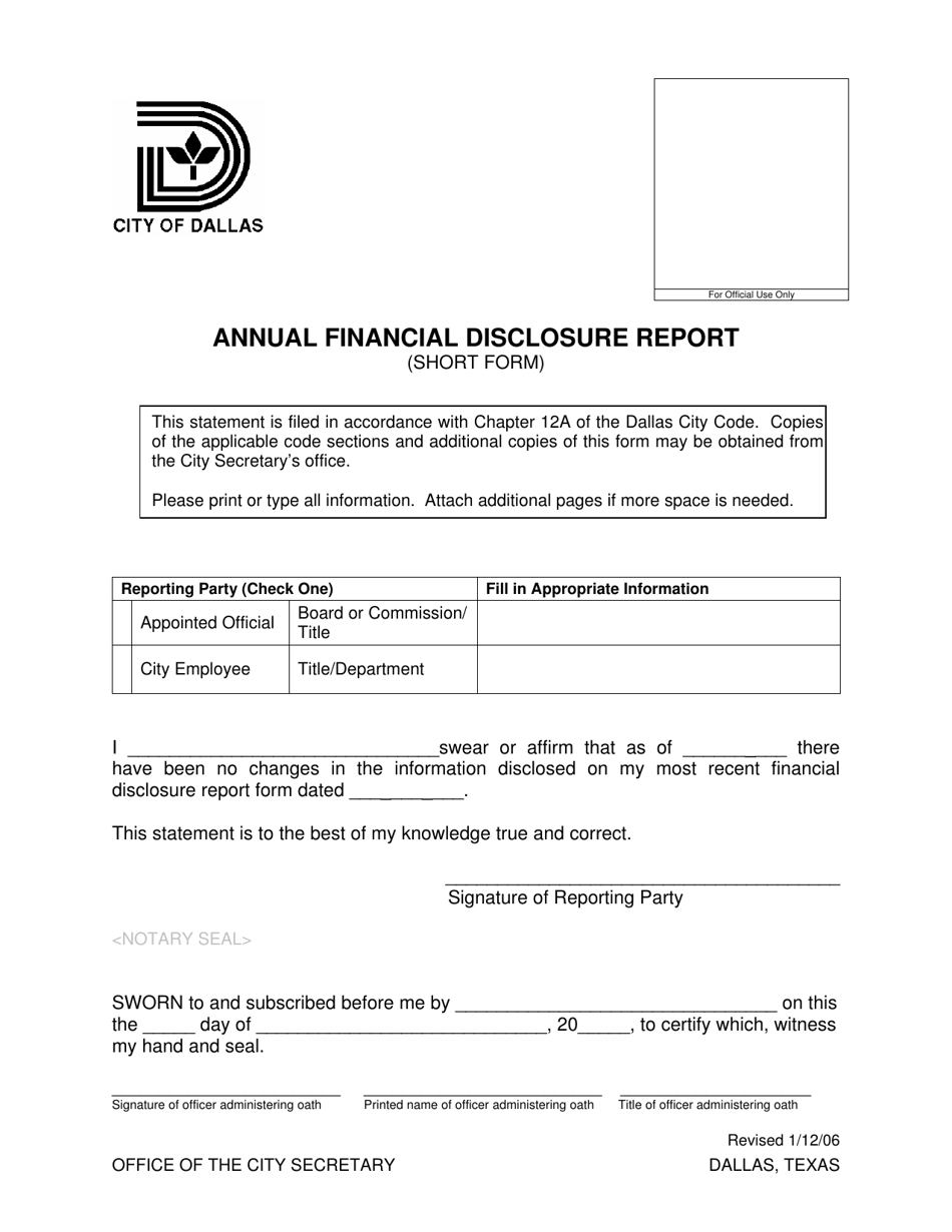 Annual Financial Disclosure Report (Short Form) - City of Dallas, Texas, Page 1