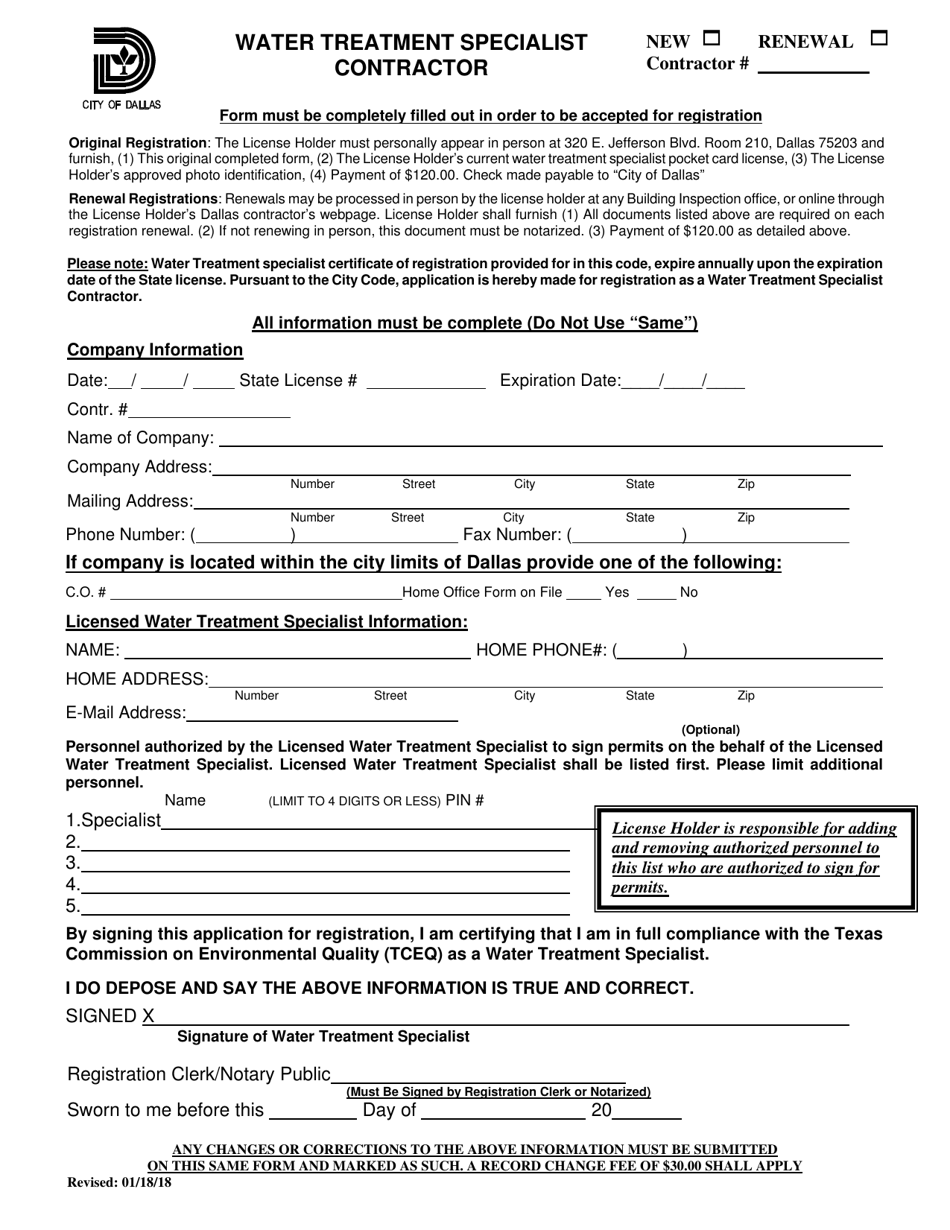 Water Treatment Specialist Contractor - City of Dallas, Texas, Page 1
