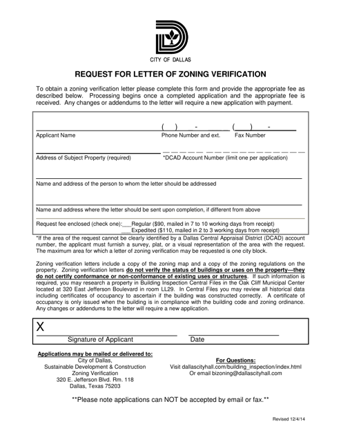 Request for Letter of Zoning Verification - City of Dallas, Texas