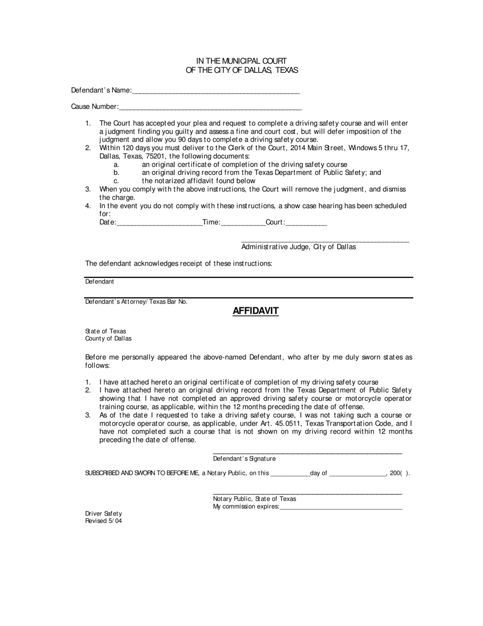 Driver Safety Affidavit - City of Dallas, Texas, Page 1