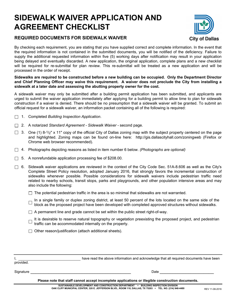 Sidewalk Waiver Application and Agreement Checklist - City of Dallas, Texas, Page 1