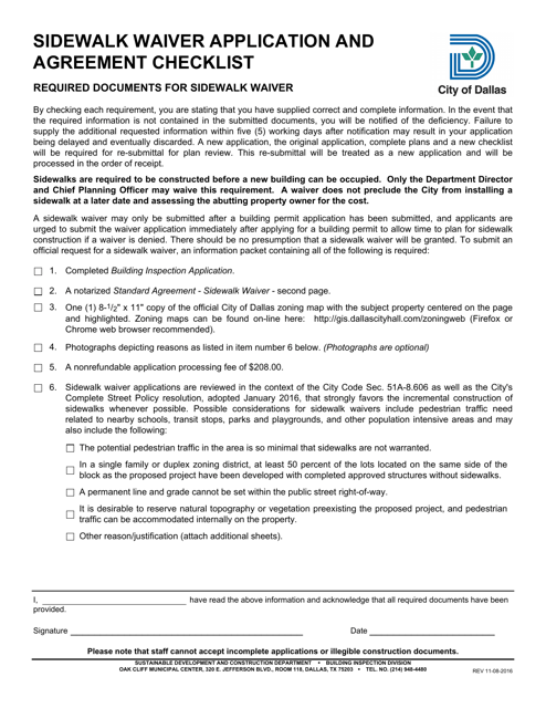Sidewalk Waiver Application and Agreement Checklist - City of Dallas, Texas Download Pdf