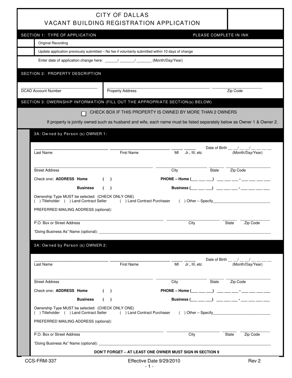 Form CCS-FRM-337 Vacant Building Registration Application - City of Dallas, Texas, Page 1
