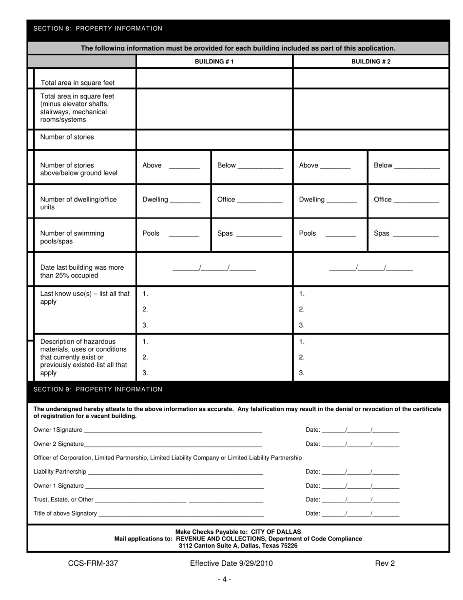 Form CCS-FRM-337 Vacant Building Registration Application - City of Dallas, Texas, Page 4
