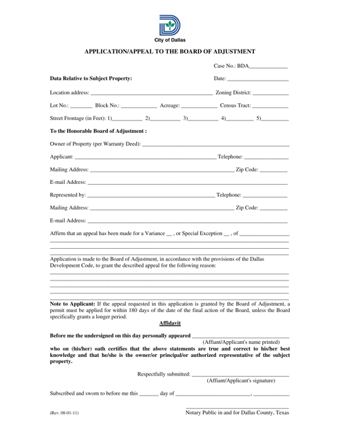 Application / Appeal to the Board of Adjustment - City of Dallas, Texas Download Pdf