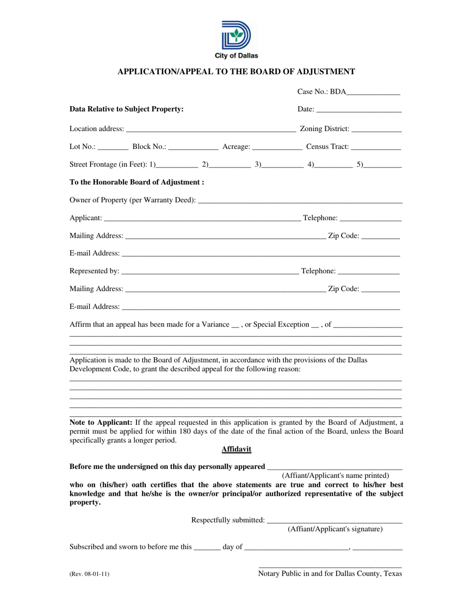 Application / Appeal to the Board of Adjustment - City of Dallas, Texas, Page 1
