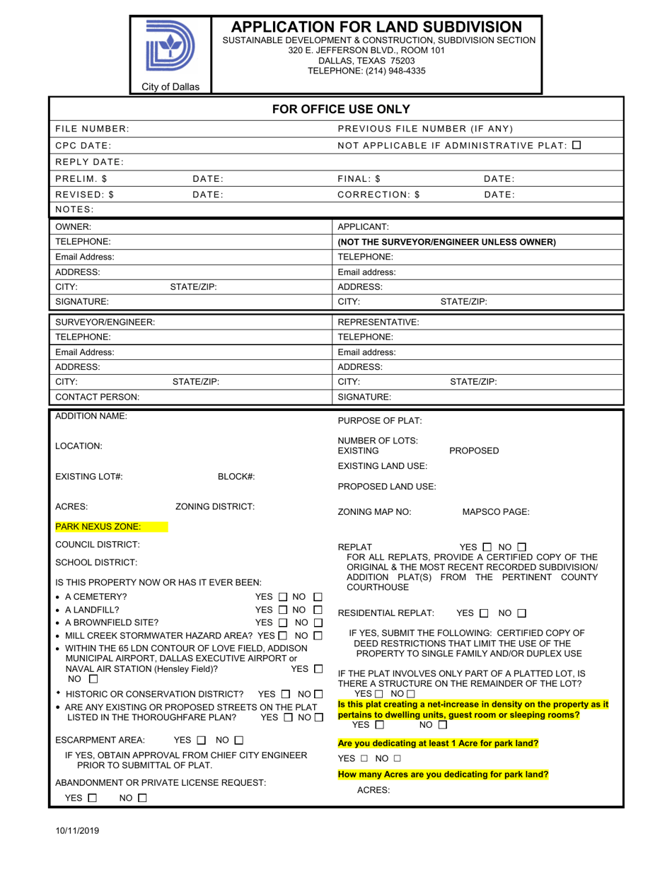 Application for Land Subdivision - City of Dallas, Texas, Page 1