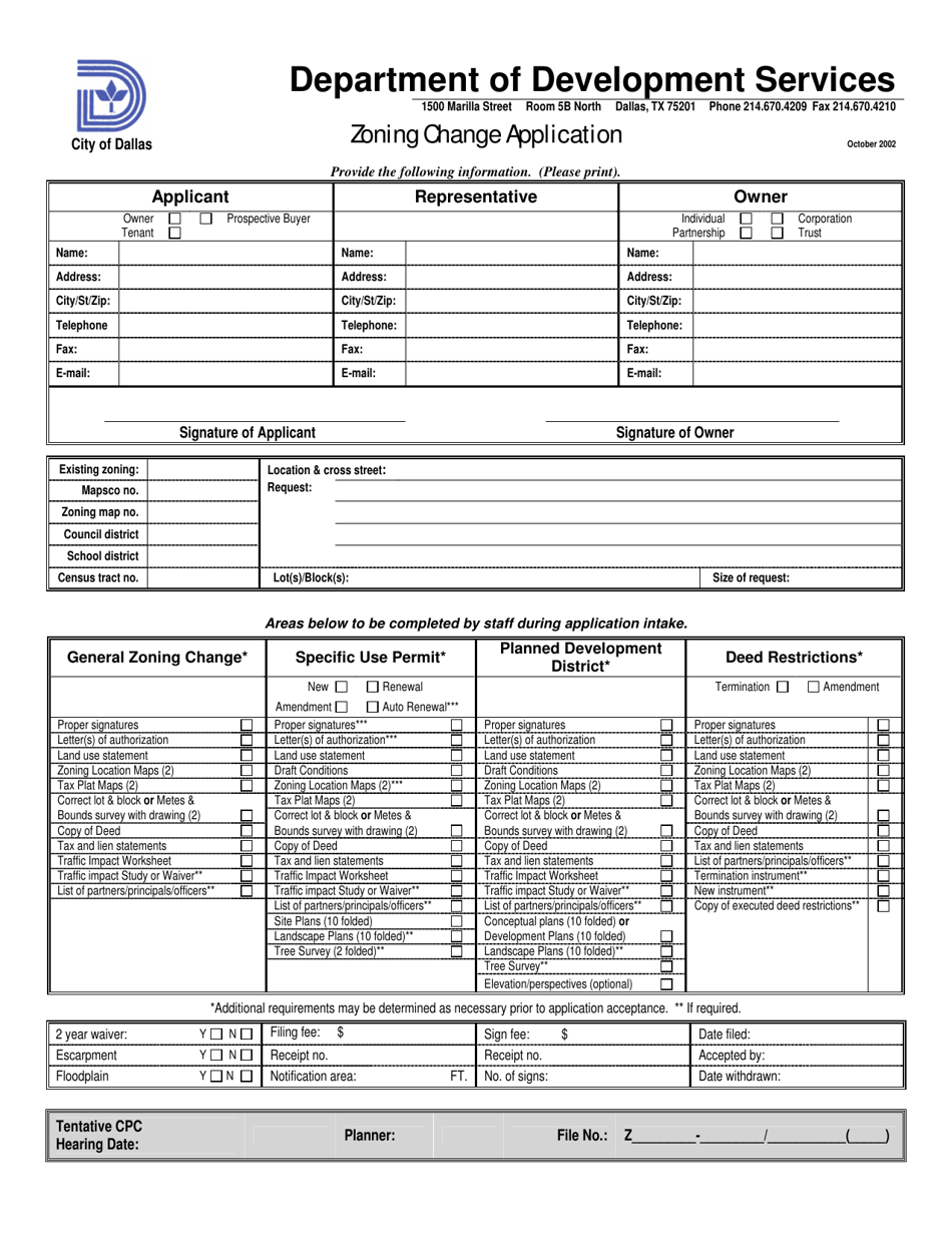 City of Dallas, Texas Zoning Change Application Fill Out, Sign Online and Download PDF