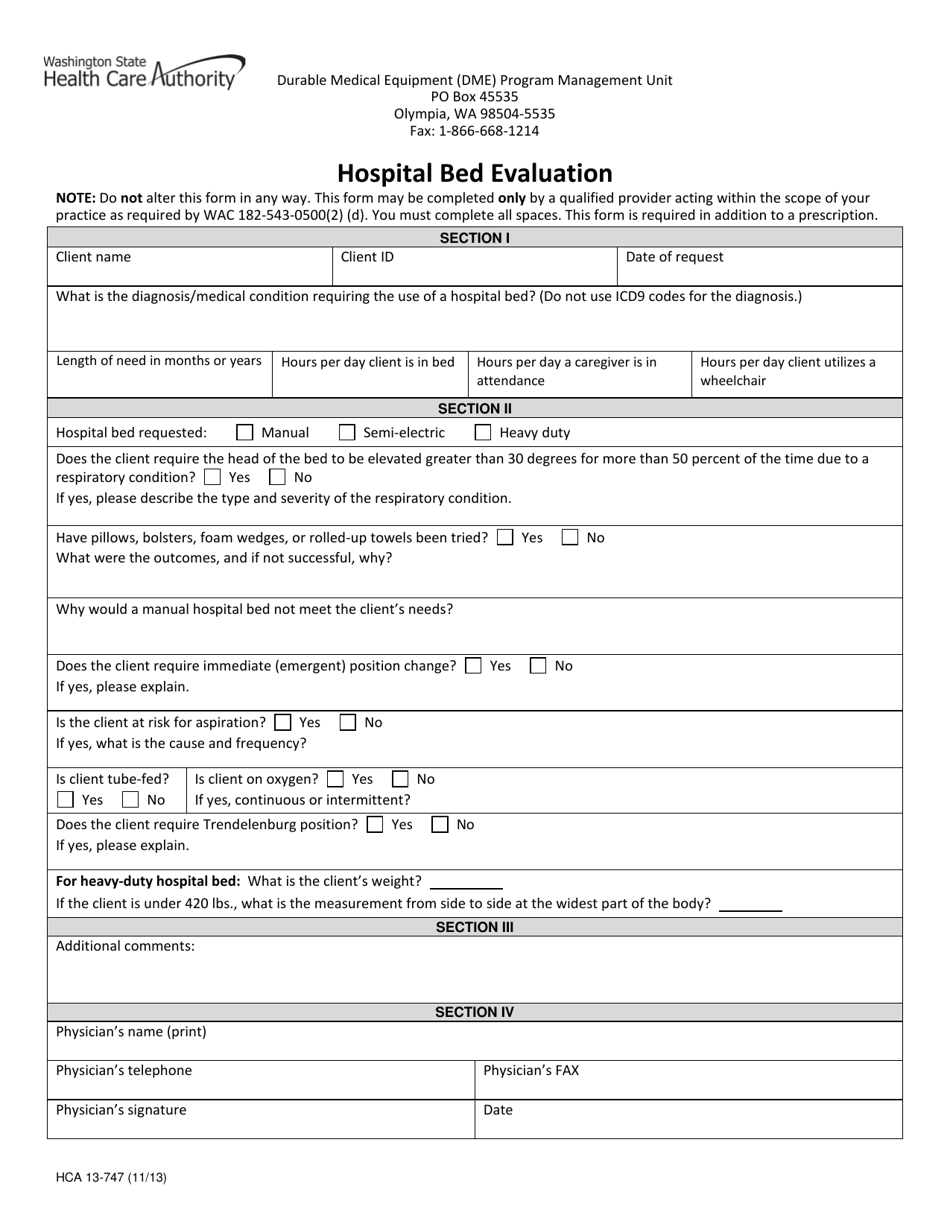 Form HCA13-747 Hospital Bed Evaluation - Washington, Page 1