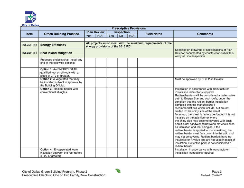Prescriptive Path Project Summary and Checklist - One or Two Family Dwelling Unit - New Construction - City of Dallas, Texas, Page 3