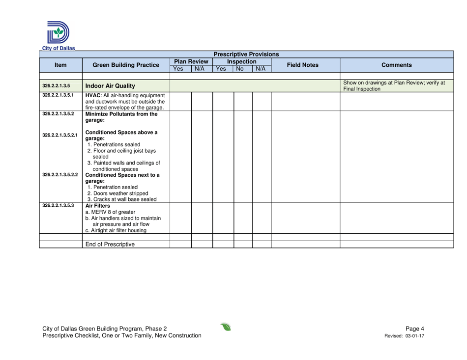 City of Dallas, Texas Prescriptive Path Project Summary and Checklist ...