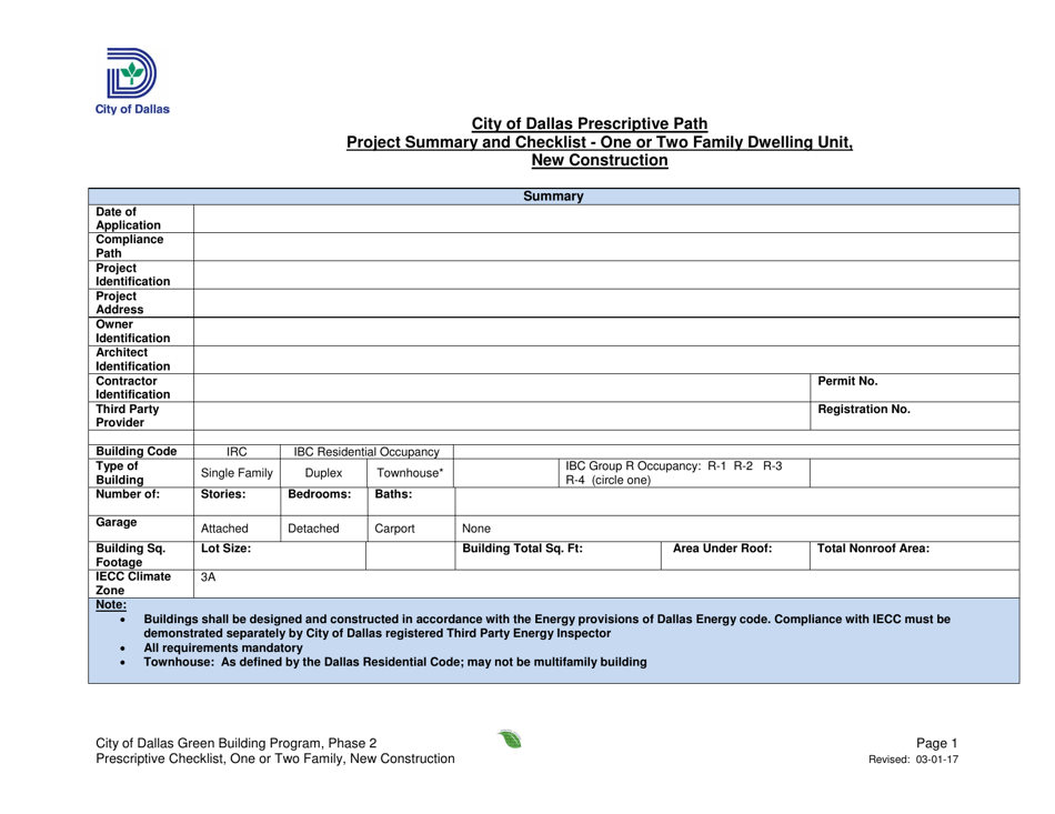 City of Dallas, Texas Prescriptive Path Project Summary and Checklist ...