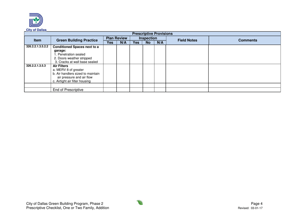Prescriptive Path Project Summary and Checklist - One or Two Family Dwelling Unit - Addition - City of Dallas, Texas, Page 4