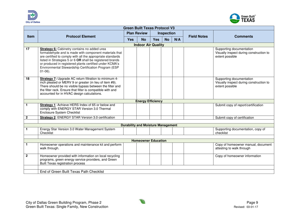 Green Built Texas Project Summary and Checklist - One and Two Family - New Construction - City of Dallas, Texas, Page 9