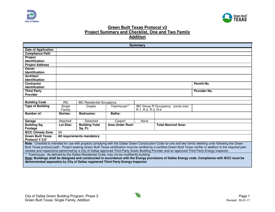 Green Built Texas Project Summary and Checklist - One and Two Family - Addition - City of Dallas, Texas, Page 1