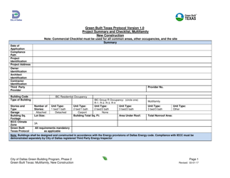 Document preview: Green Built Texas Project Summary and Checklist - Multifamily - New Construction - City of Dallas, Texas